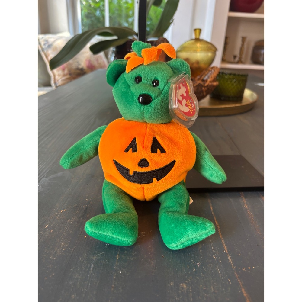Ty Beanie Babies Tricky the Bear Halloween Pumpkin 10th Anniversary Plush Green - Picture 8 of 11